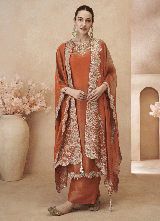 Rust Orange Designer Party Wear Embroidered Palazzo Suit