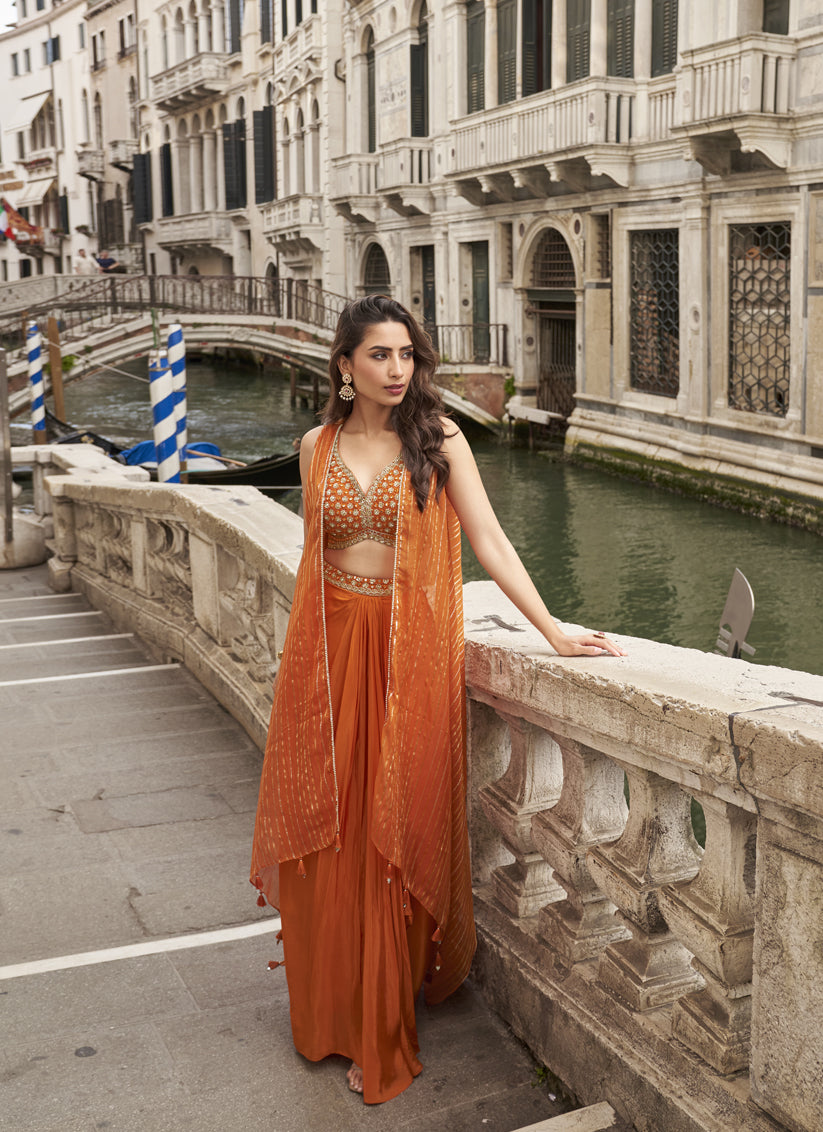 Tangy Orange Cording & Sequins Embroidered Designer IndoWestern