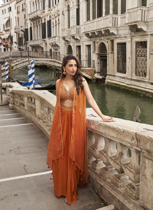 Tangy Orange Cording & Sequins Embroidered Designer IndoWestern