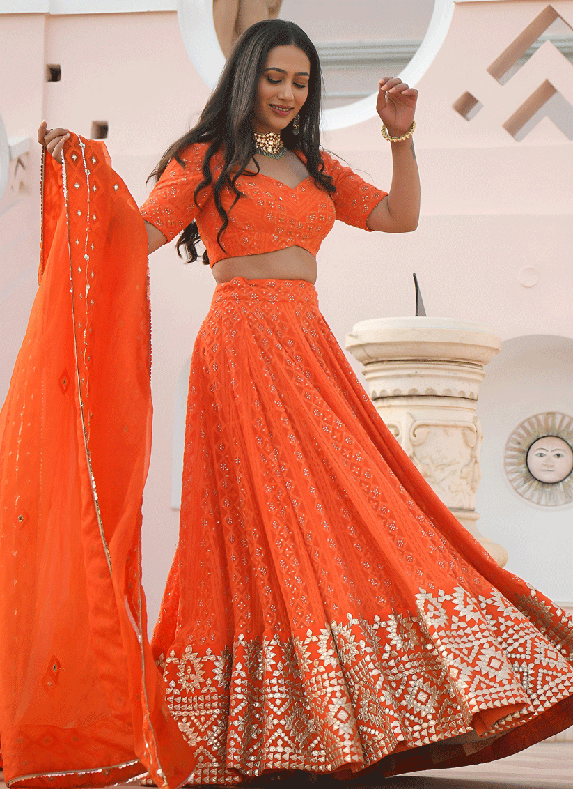 Tangy Orange Designer Georgette Lehenga Choli for Festive Wear