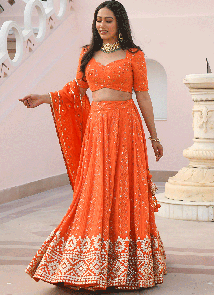 Tangy Orange Designer Georgette Lehenga Choli for Festive Wear