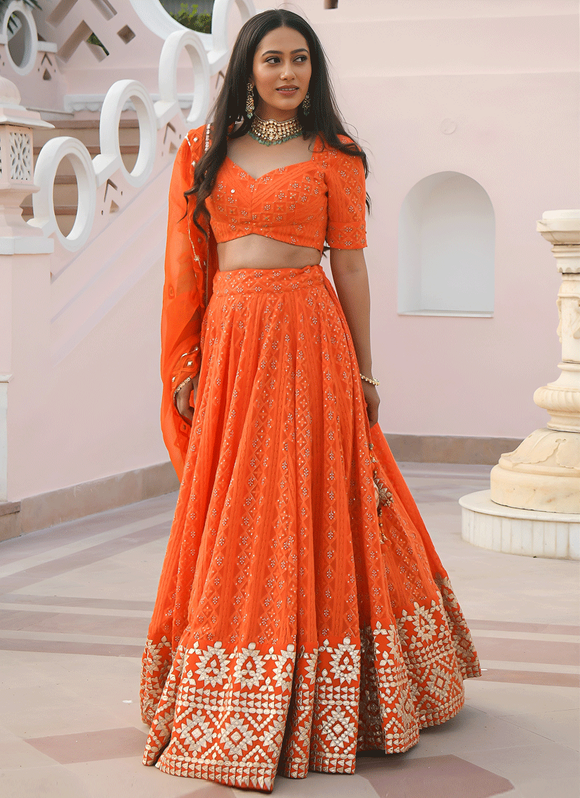 Tangy Orange Designer Georgette Lehenga Choli for Festive Wear