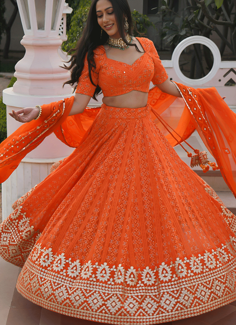 Tangy Orange Designer Georgette Lehenga Choli for Festive Wear