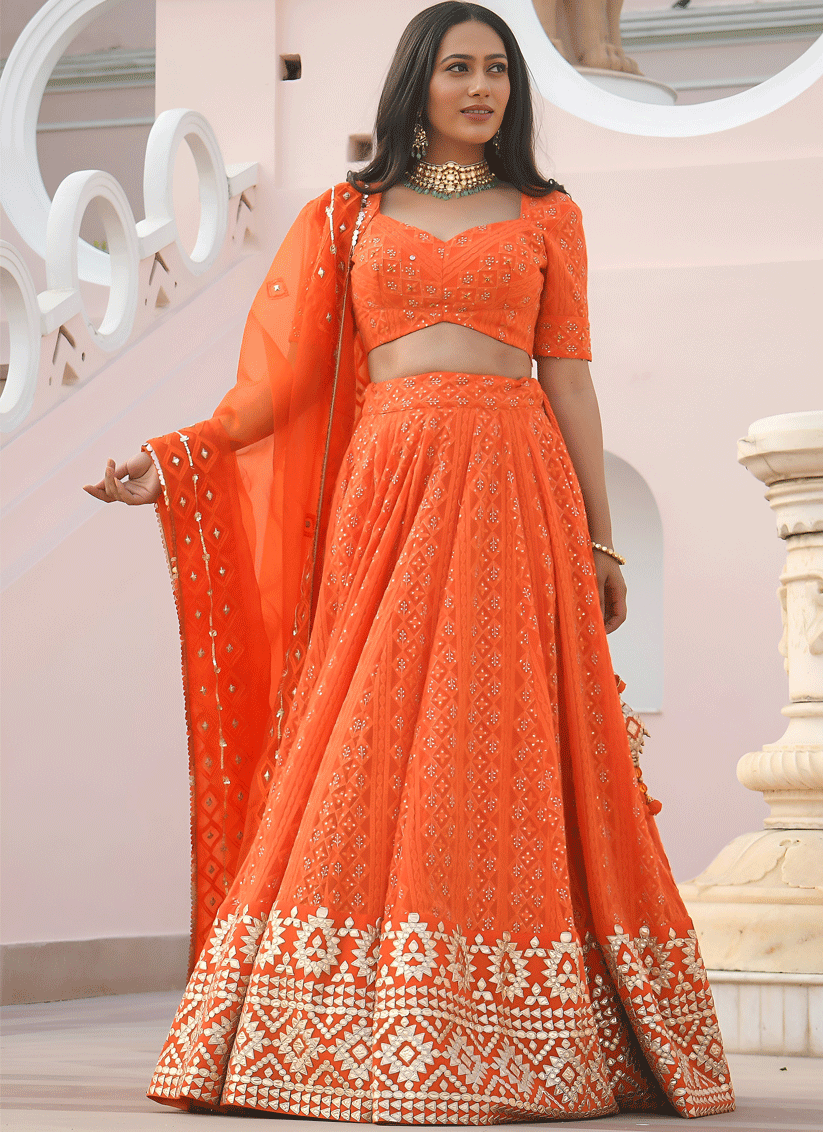 Tangy Orange Designer Georgette Lehenga Choli for Festive Wear