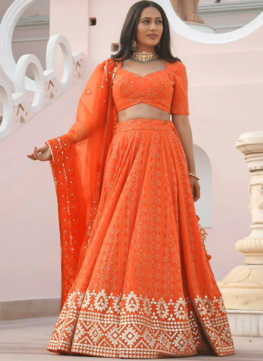Tangy Orange Designer Georgette Lehenga Choli for Festive Wear