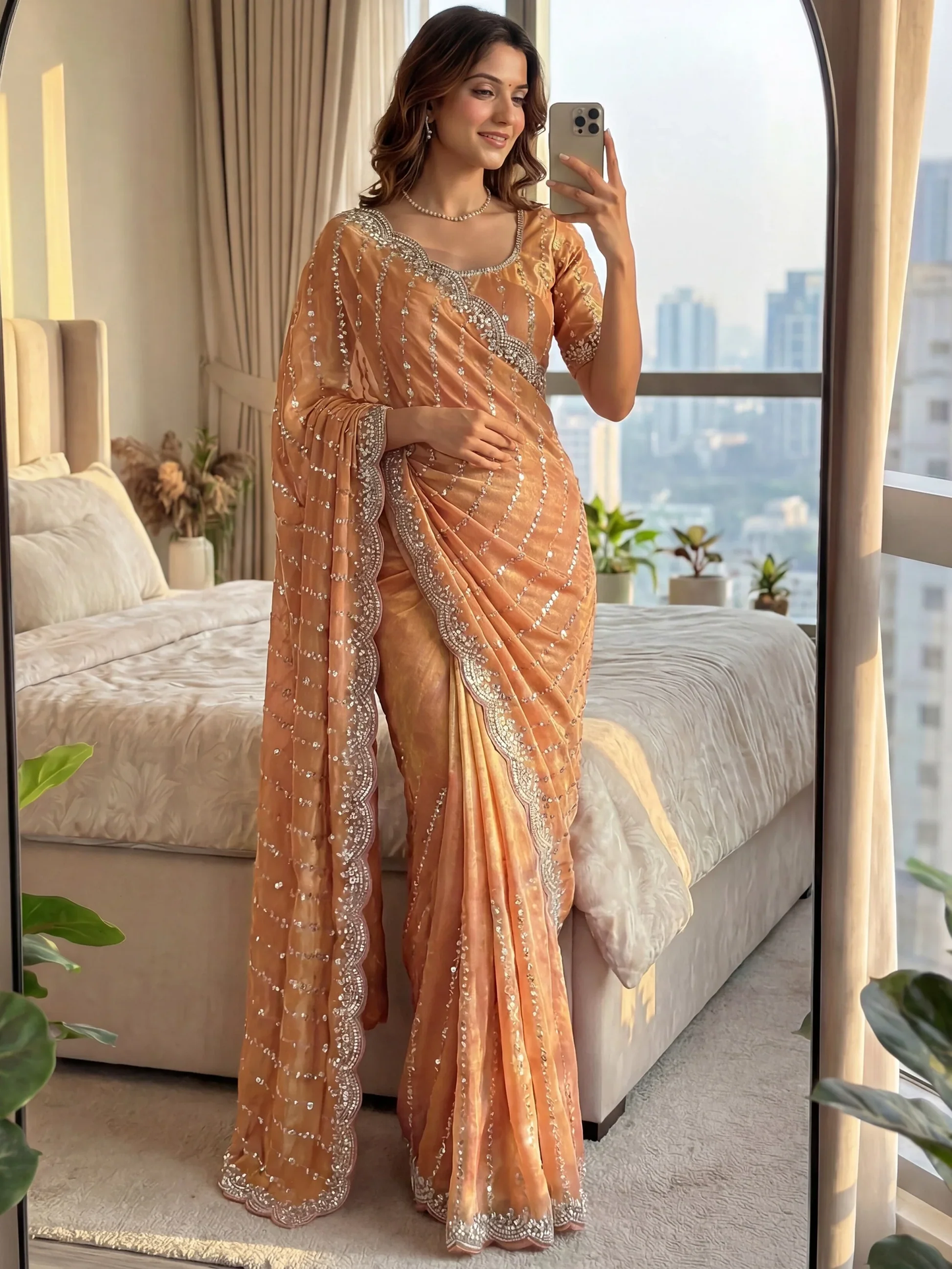 Graceful Peach Bead-Embroidered Satin Event Saree with Blouse