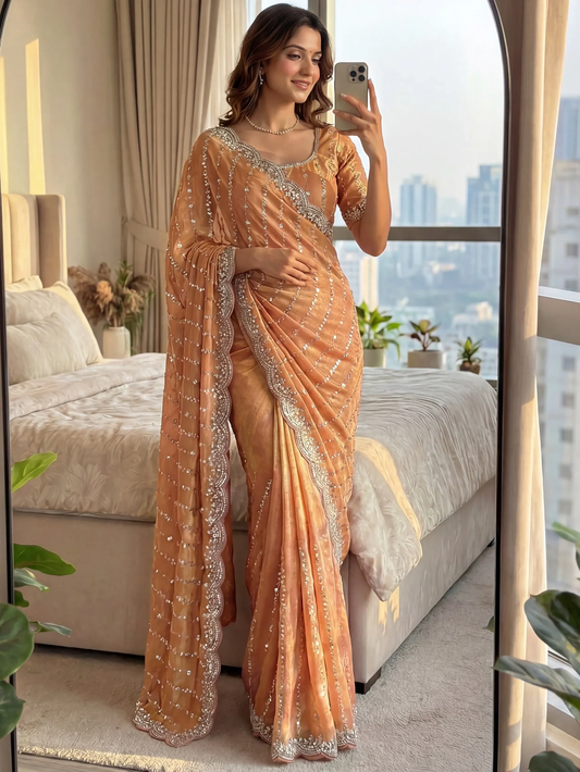 Graceful Peach Bead-Embroidered Satin Event Saree with Blouse