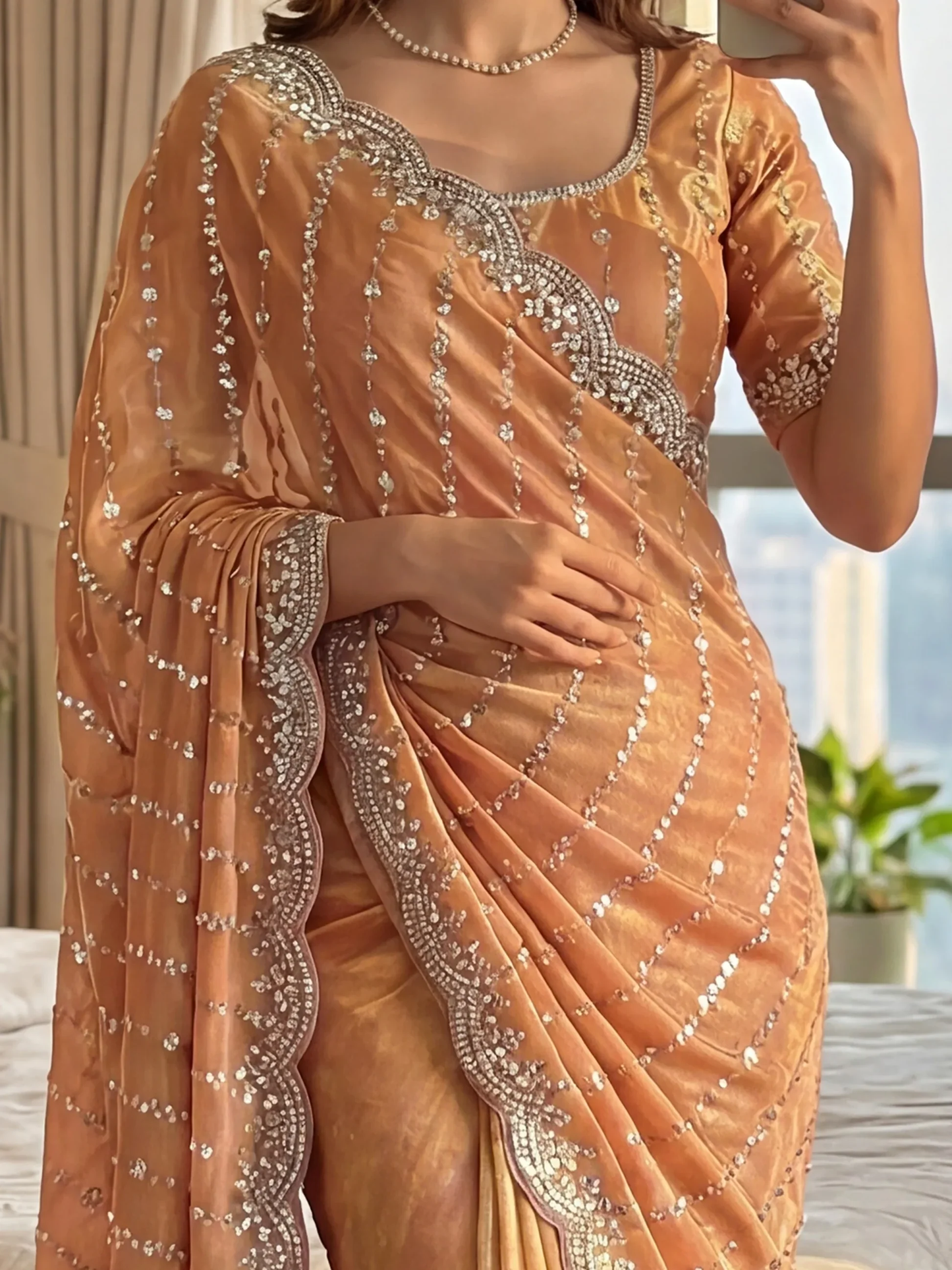 Graceful Peach Bead-Embroidered Satin Event Saree with Blouse