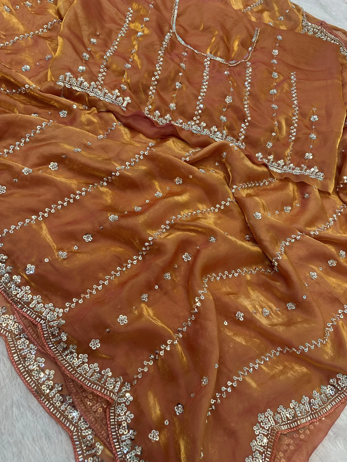 Graceful Peach Bead-Embroidered Satin Event Saree with Blouse