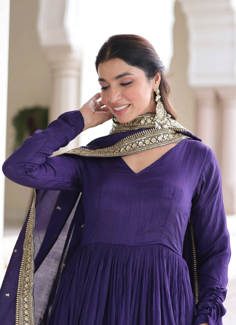 Purple  Vichitra Silk  Embroidered  Designer Gown