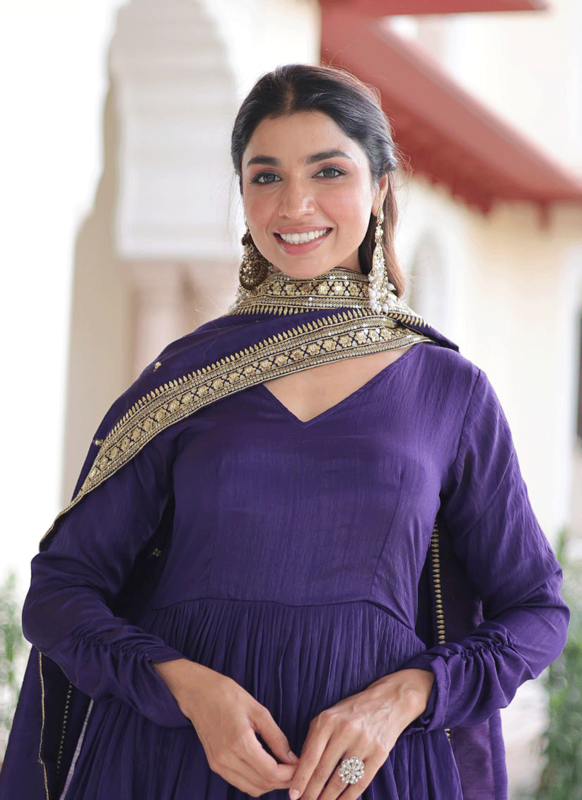 Purple  Vichitra Silk  Embroidered  Designer Gown