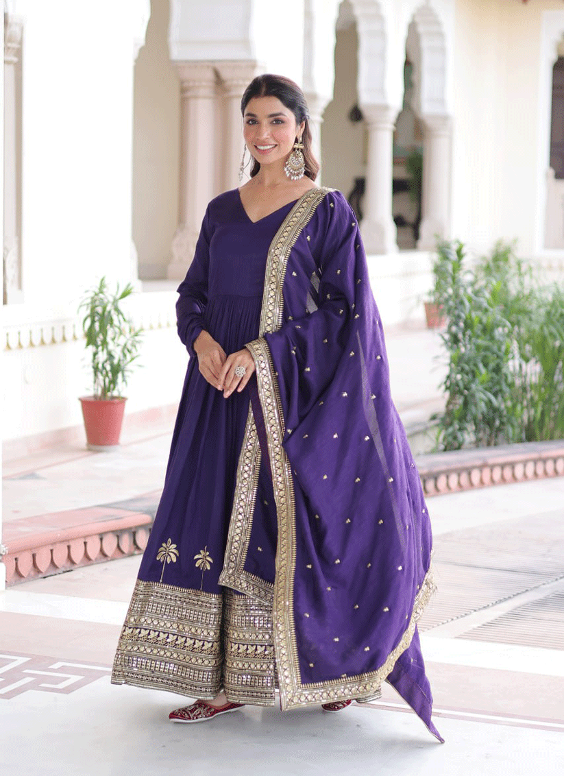 Purple  Vichitra Silk  Embroidered  Designer Gown