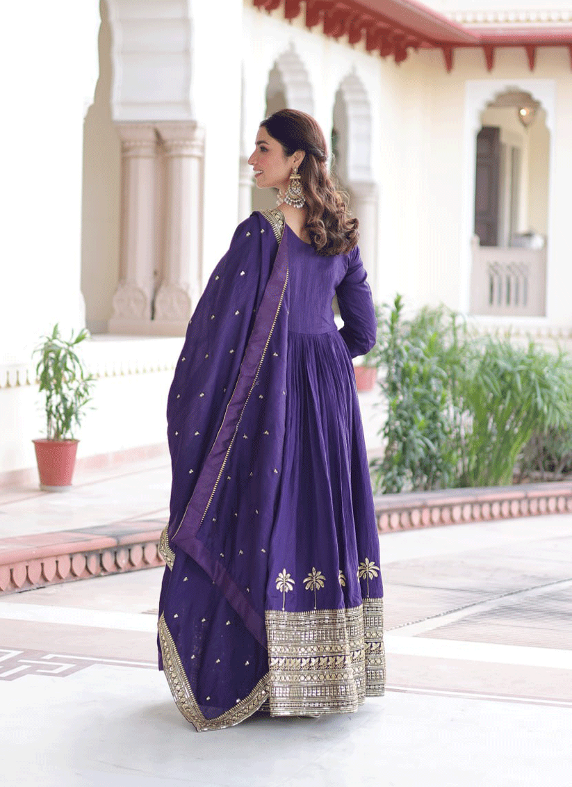Purple  Vichitra Silk  Embroidered  Designer Gown