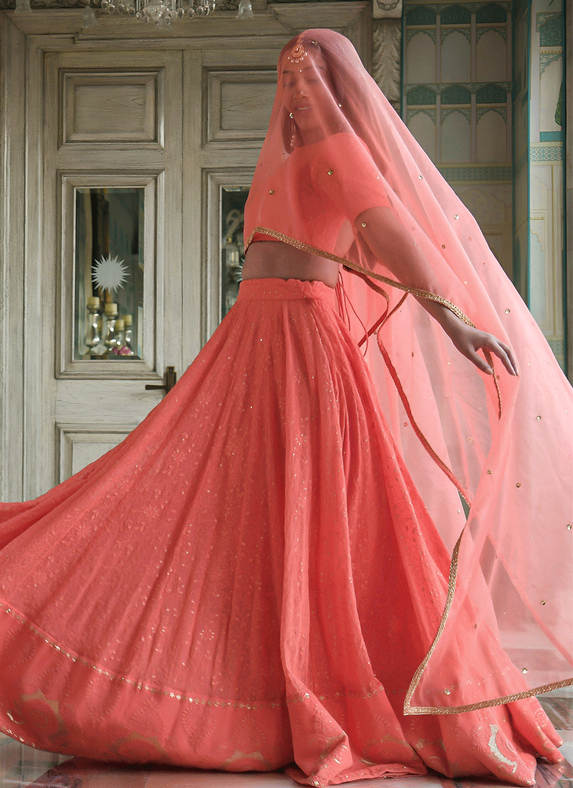 Coral Pink Party Wear Embroidered Georgette Lehenga Set