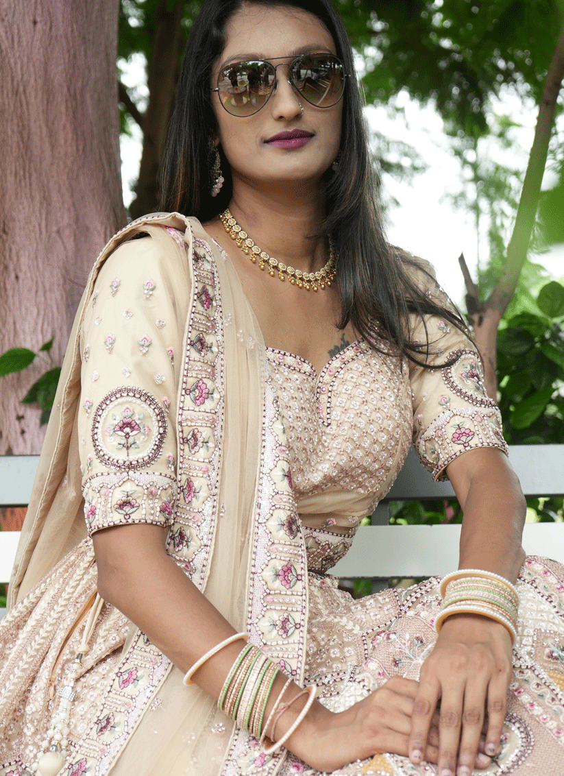 Beige Satin Silk ThreadEmbroidered  Designer Lehenga Choli