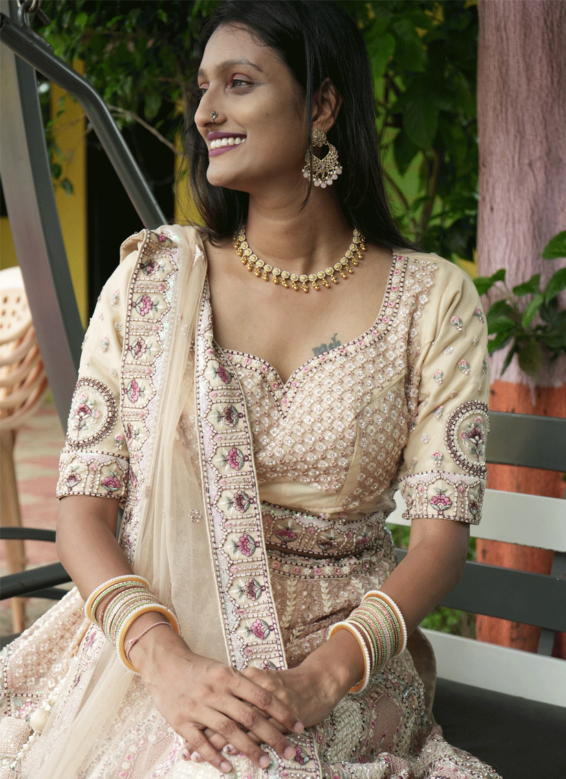 Beige Satin Silk ThreadEmbroidered  Designer Lehenga Choli
