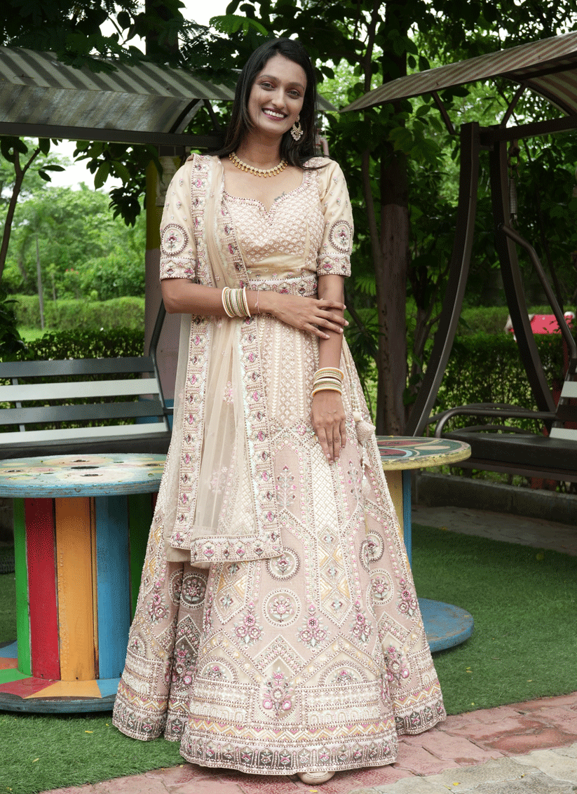 Beige Satin Silk ThreadEmbroidered  Designer Lehenga Choli