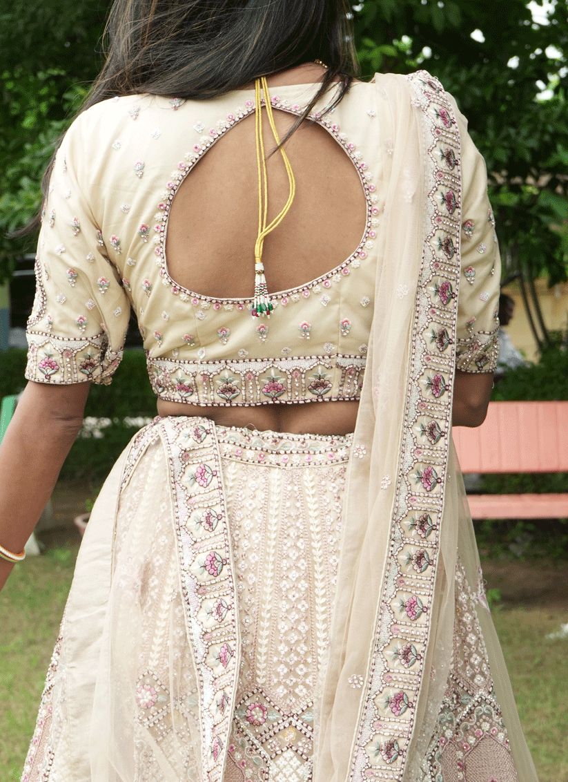 Beige Satin Silk ThreadEmbroidered  Designer Lehenga Choli