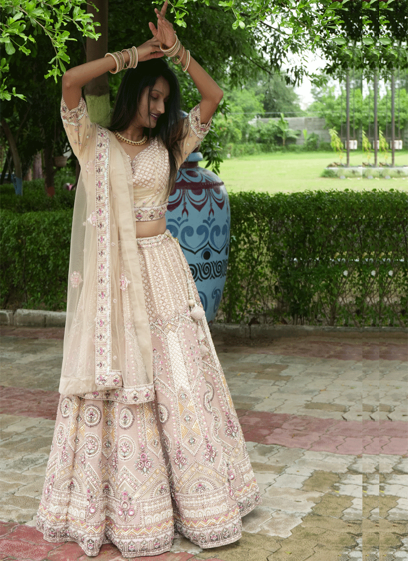 Beige Satin Silk ThreadEmbroidered  Designer Lehenga Choli