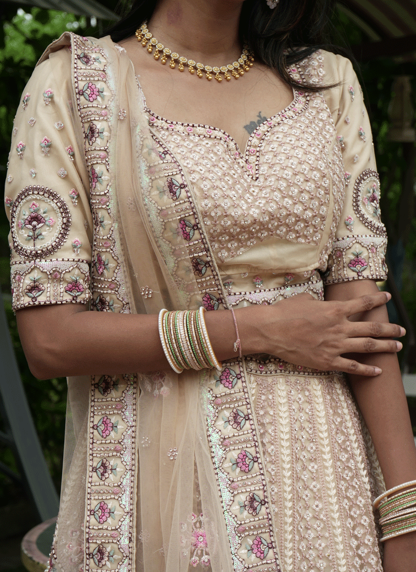 Beige Satin Silk ThreadEmbroidered  Designer Lehenga Choli