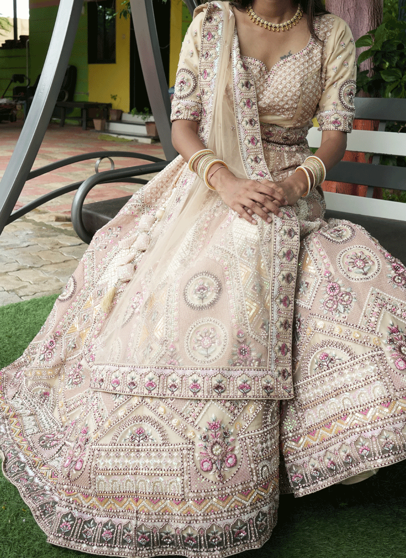 Beige Satin Silk ThreadEmbroidered  Designer Lehenga Choli