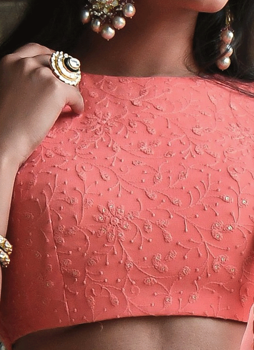 Coral Pink Party Wear Embroidered Georgette Lehenga Set