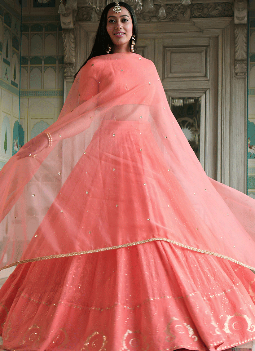 Coral Pink Party Wear Embroidered Georgette Lehenga Set