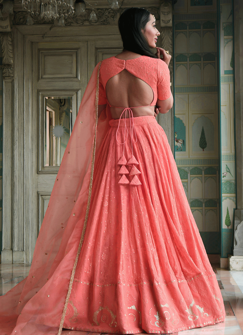 Coral Pink Party Wear Embroidered Georgette Lehenga Set
