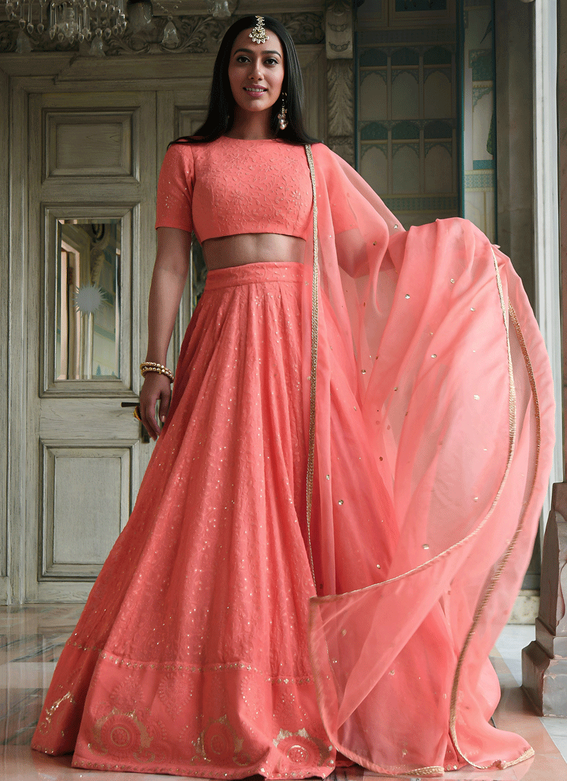 Coral Pink Party Wear Embroidered Georgette Lehenga Set