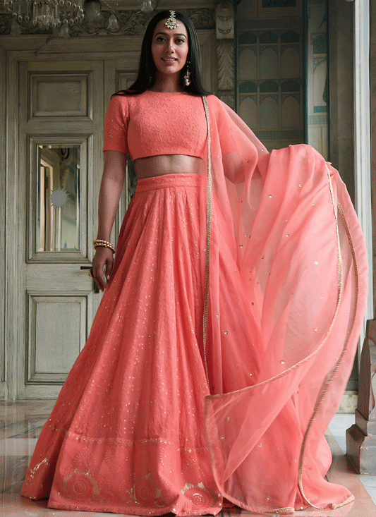 Coral Pink Party Wear Embroidered Georgette Lehenga Set