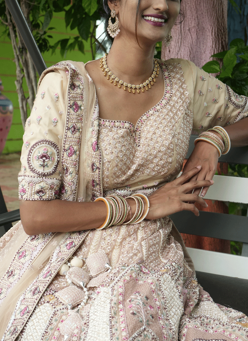 Beige Satin Silk ThreadEmbroidered  Designer Lehenga Choli