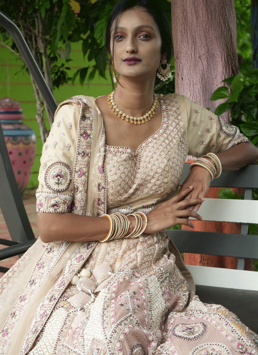 Beige Satin Silk ThreadEmbroidered  Designer Lehenga Choli