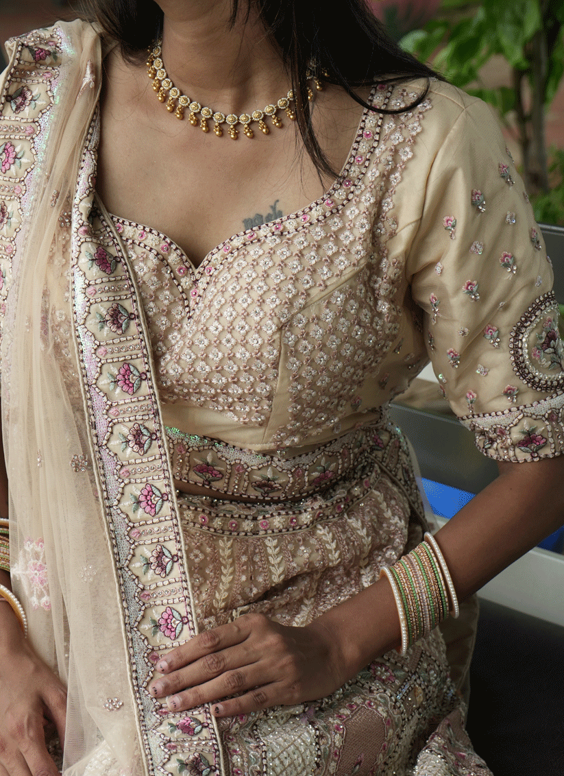 Beige Satin Silk ThreadEmbroidered  Designer Lehenga Choli