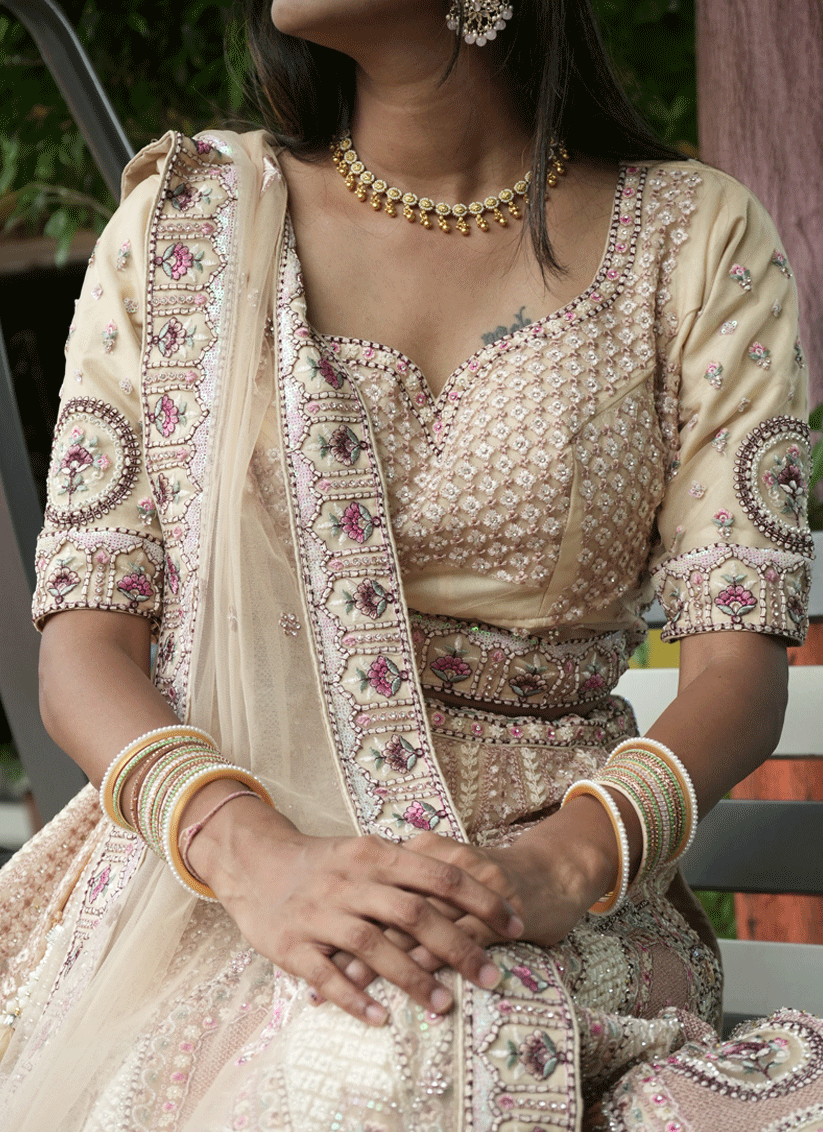 Beige Satin Silk ThreadEmbroidered  Designer Lehenga Choli