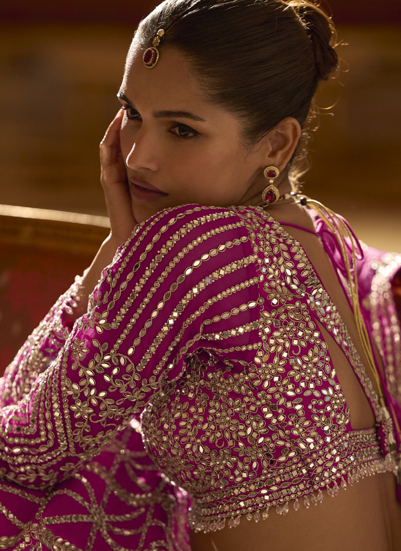 Pink Art Silk Umbrella Lehenga with Embroidered &amp; Mirror Work Wedding Wear Lehenga