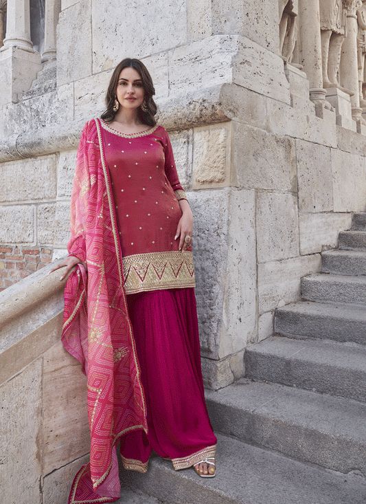 Magenta  Shimmer Silk Festive Wear Palazzo Suit with Gota Embroidered Detailing