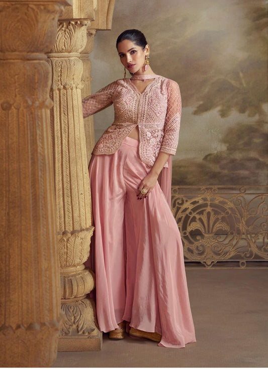 Dusty Pink Georgette Embroidered Designer Plazzo Suit