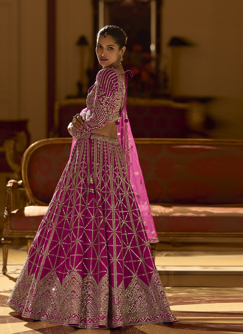 Pink Art Silk Umbrella Lehenga with Embroidered &amp; Mirror Work Wedding Wear Lehenga