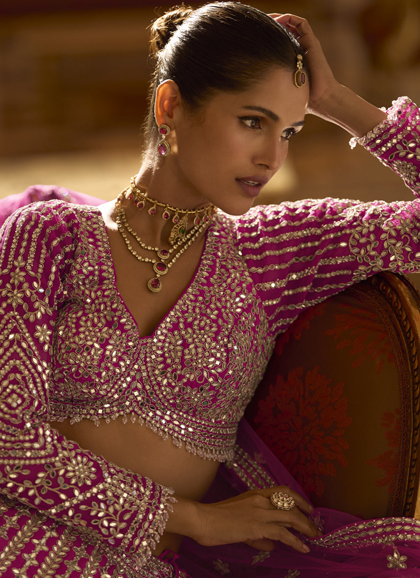 Pink Art Silk Umbrella Lehenga with Embroidered &amp; Mirror Work Wedding Wear Lehenga