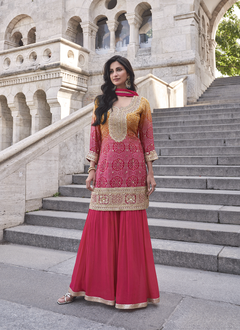 Pink Shimmer Silk Festive Wear Palazzo Suit with Gota Embroidered Detailing