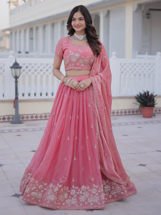 Charming Rose Pink Zari-Embroidered Silk Bridesmaid Lehenga with Dupatta