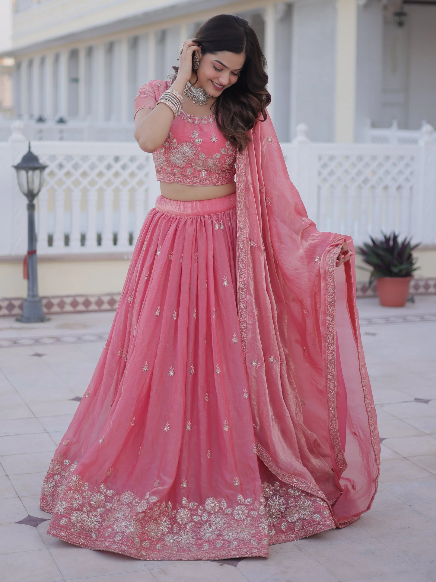 Charming Rose Pink Zari-Embroidered Silk Bridesmaid Lehenga with Dupatta