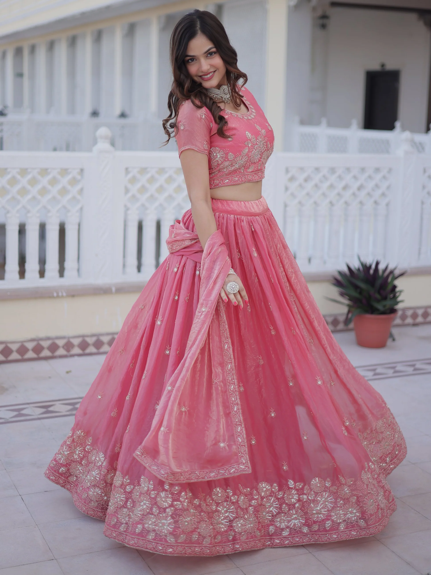 Charming Rose Pink Zari-Embroidered Silk Bridesmaid Lehenga with Dupatta