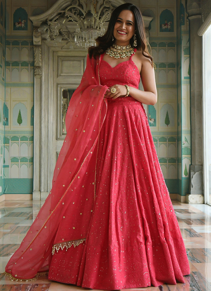 Rani Pink Bridal Embroidered Georgette Lehenga Choli