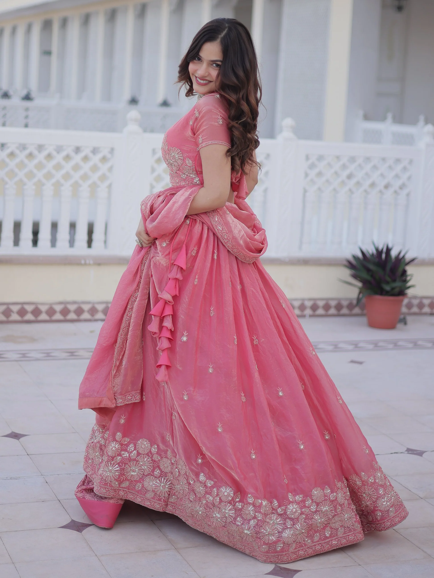 Charming Rose Pink Zari-Embroidered Silk Bridesmaid Lehenga with Dupatta