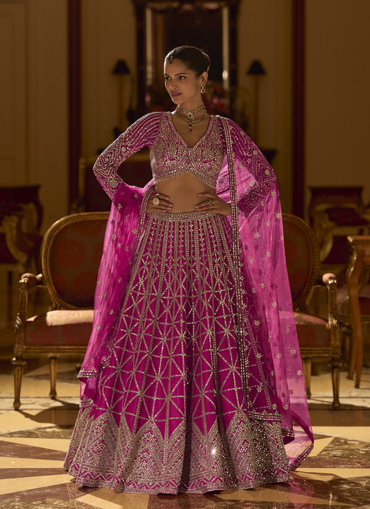 Pink Art Silk Umbrella Lehenga with Embroidered &amp; Mirror Work Wedding Wear Lehenga