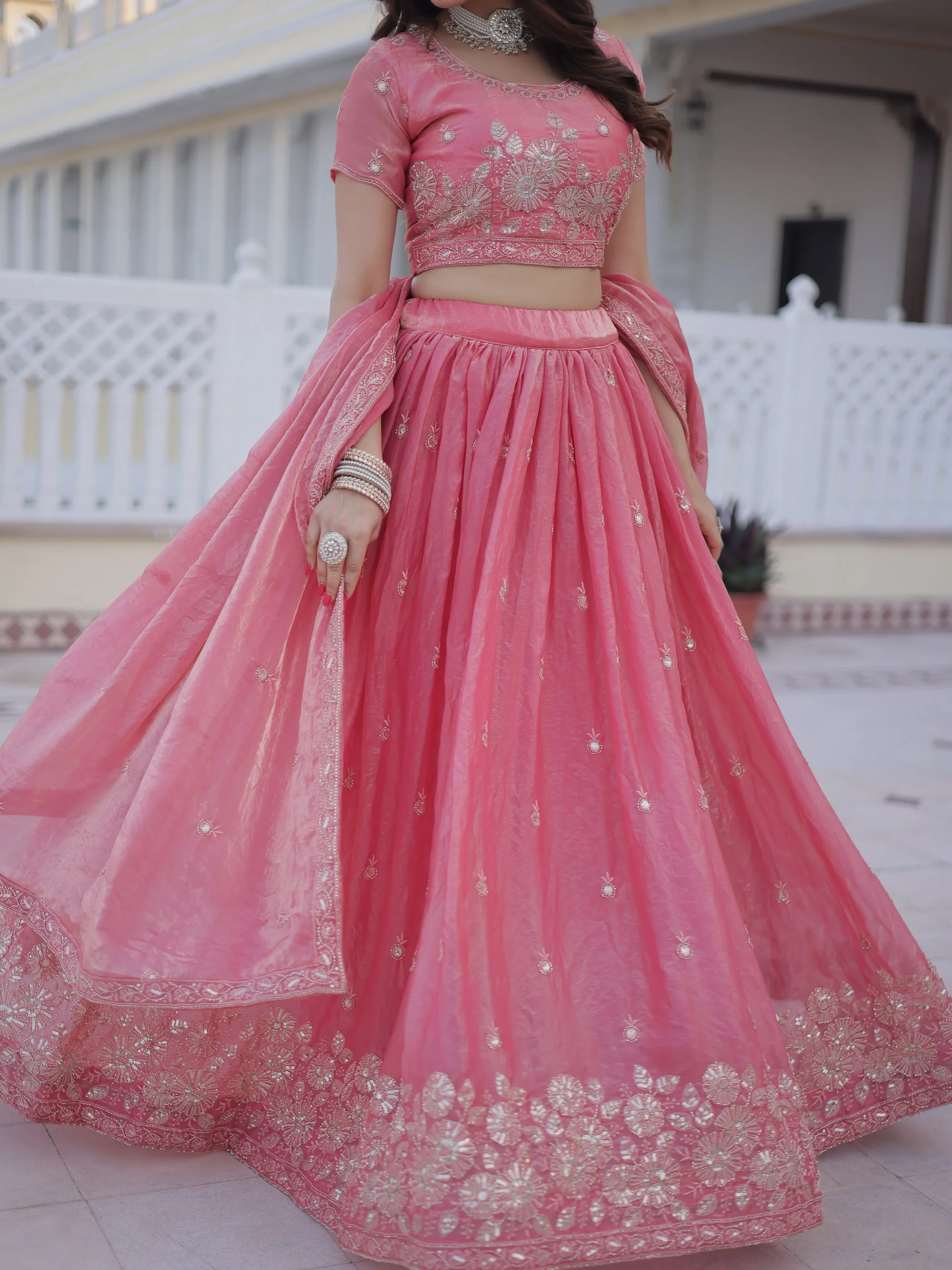 Charming Rose Pink Zari-Embroidered Silk Bridesmaid Lehenga with Dupatta