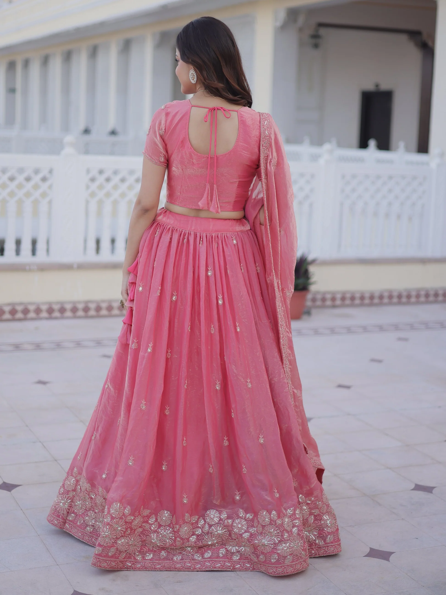 Charming Rose Pink Zari-Embroidered Silk Bridesmaid Lehenga with Dupatta