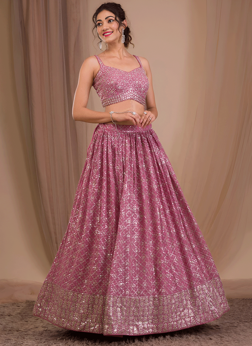 Onion Pink Festive Embroidered Georgette Lehenga Choli for Women