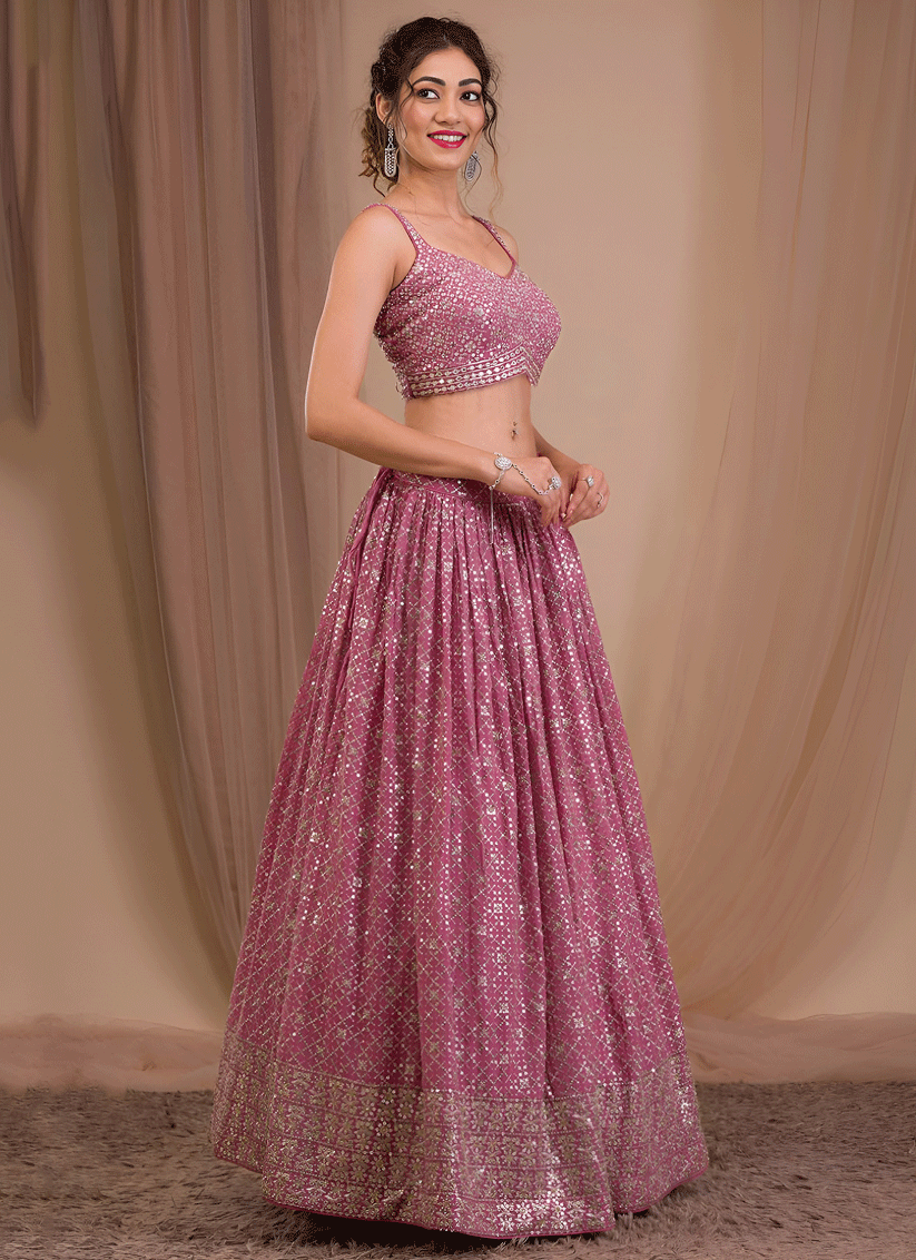 Onion Pink Festive Embroidered Georgette Lehenga Choli for Women